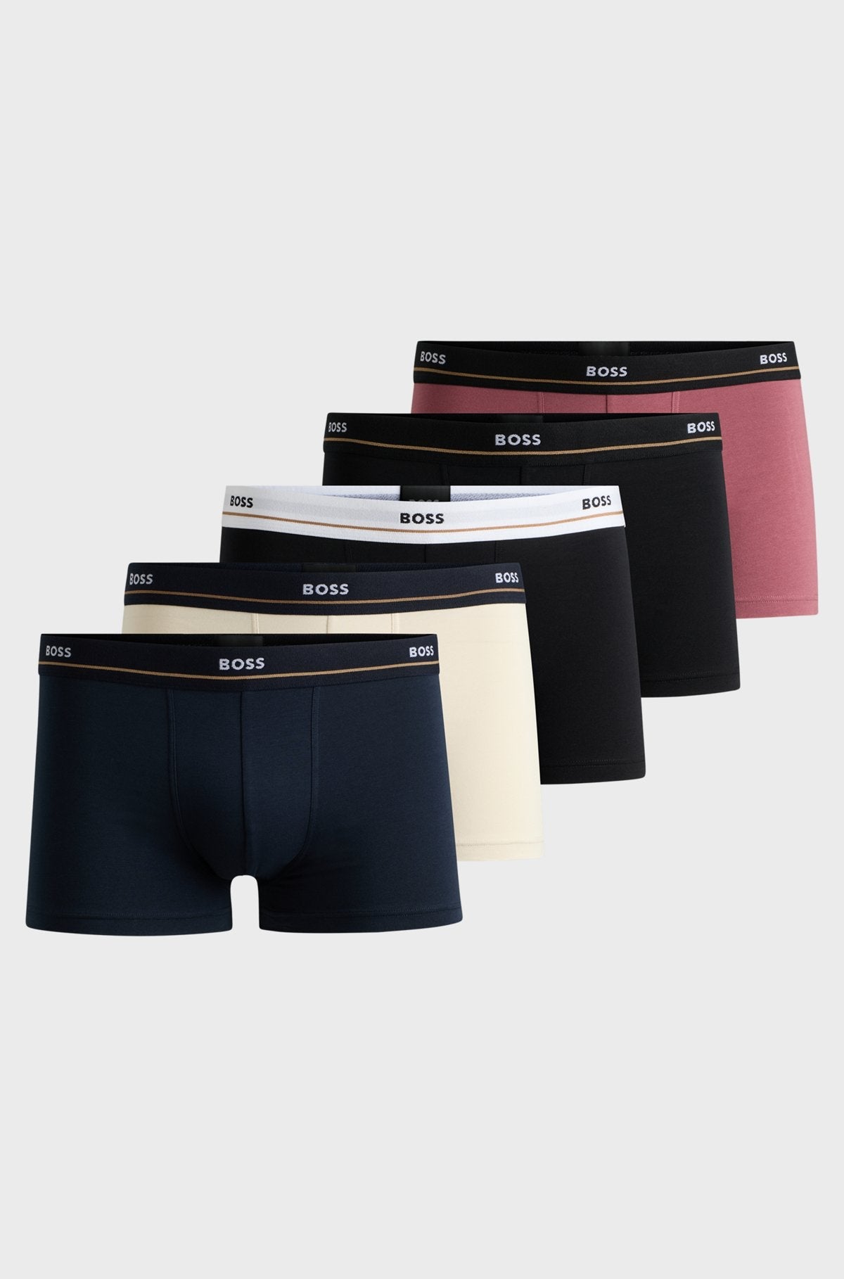 Fünfer-Pack eng anliegende Boxershorts aus Stretch-Baumwolle mit kurzem Bein und Logos am Bund