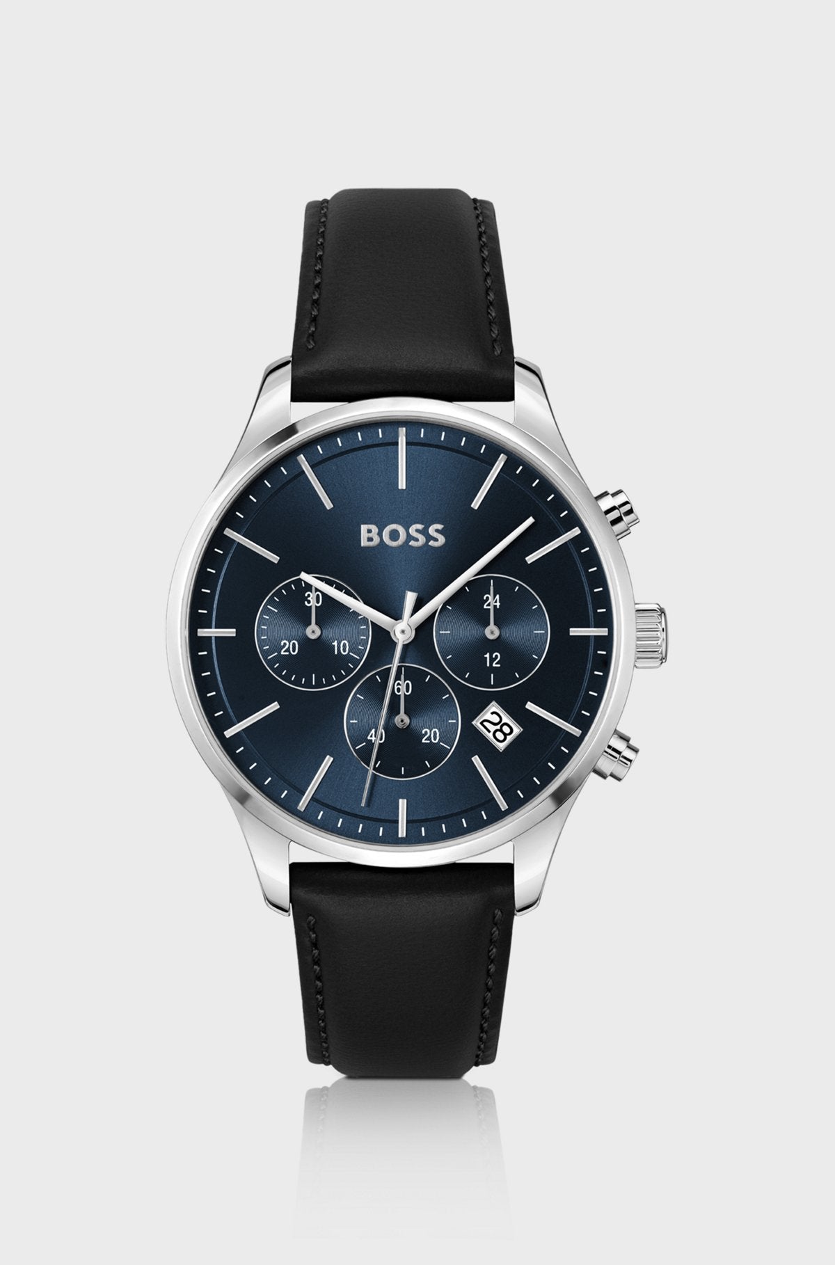 Chronograph mit Lederarmband und blauem Zifferblatt