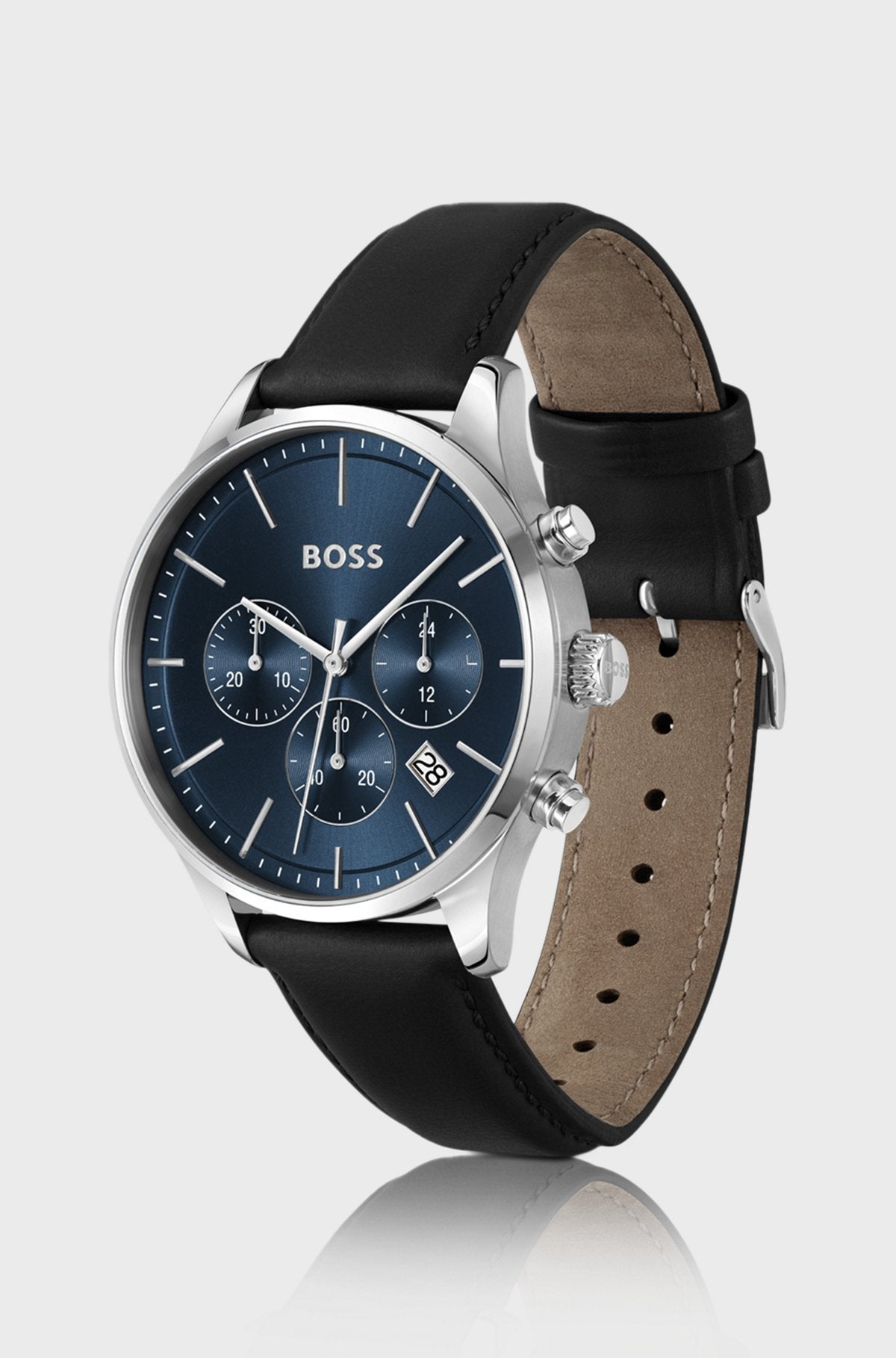 Chronograph mit Lederarmband und blauem Zifferblatt