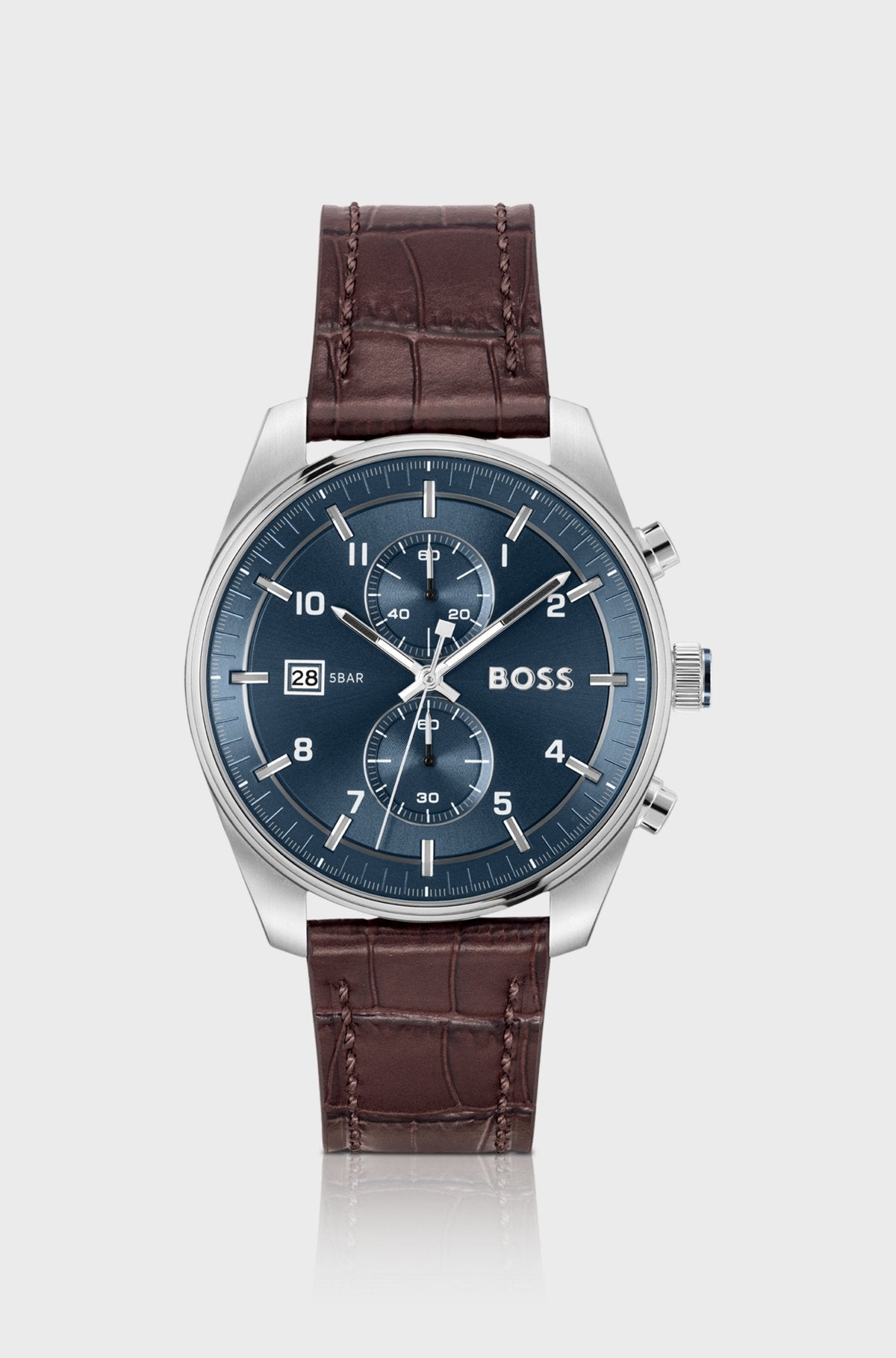 Blue-dial chronograph watch with alligator-embossed leather strap