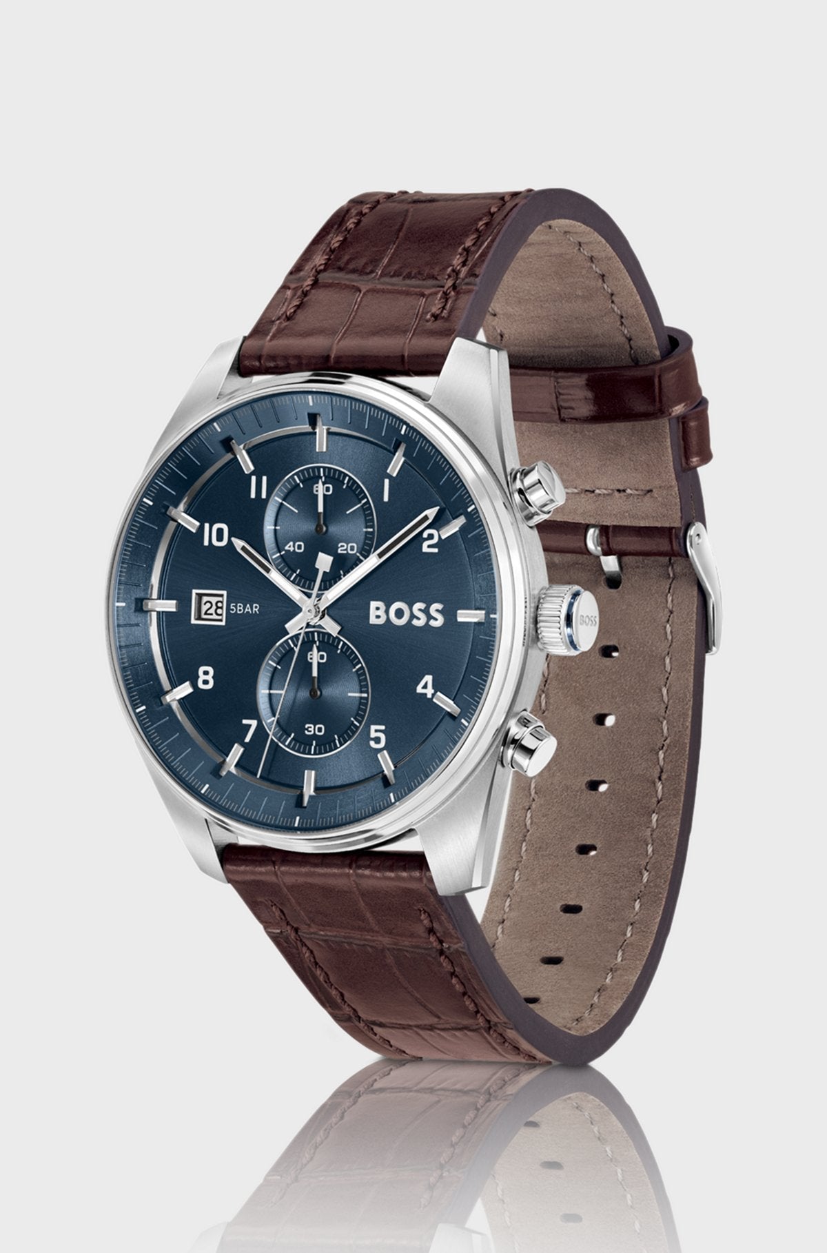 Blue-dial chronograph watch with alligator-embossed leather strap